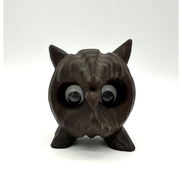Other - Vintage Owl Figurine Carved Wood Googly Eyes Mid Century Modern Kitsch Horned